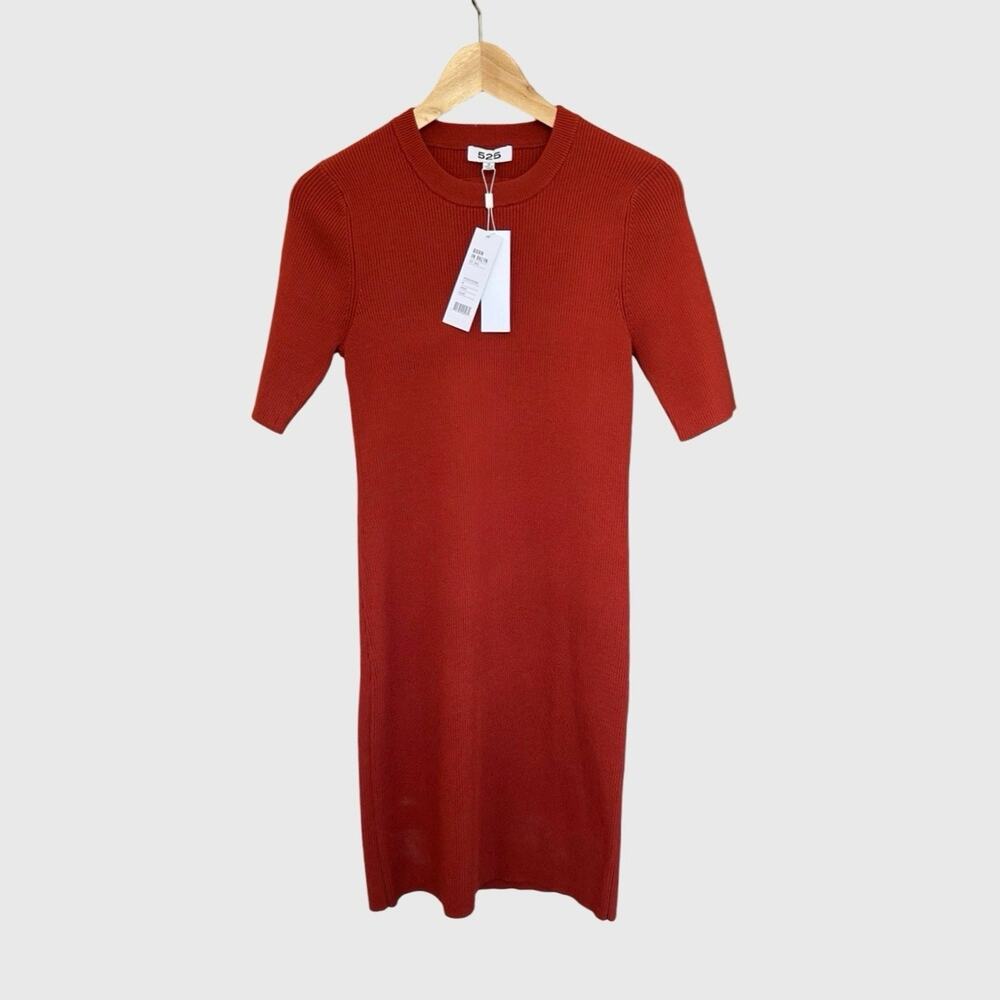 525 Ribbed Knit Dress M Rust Orange Short Sleeve Cutout Coquette Minimalist Chic